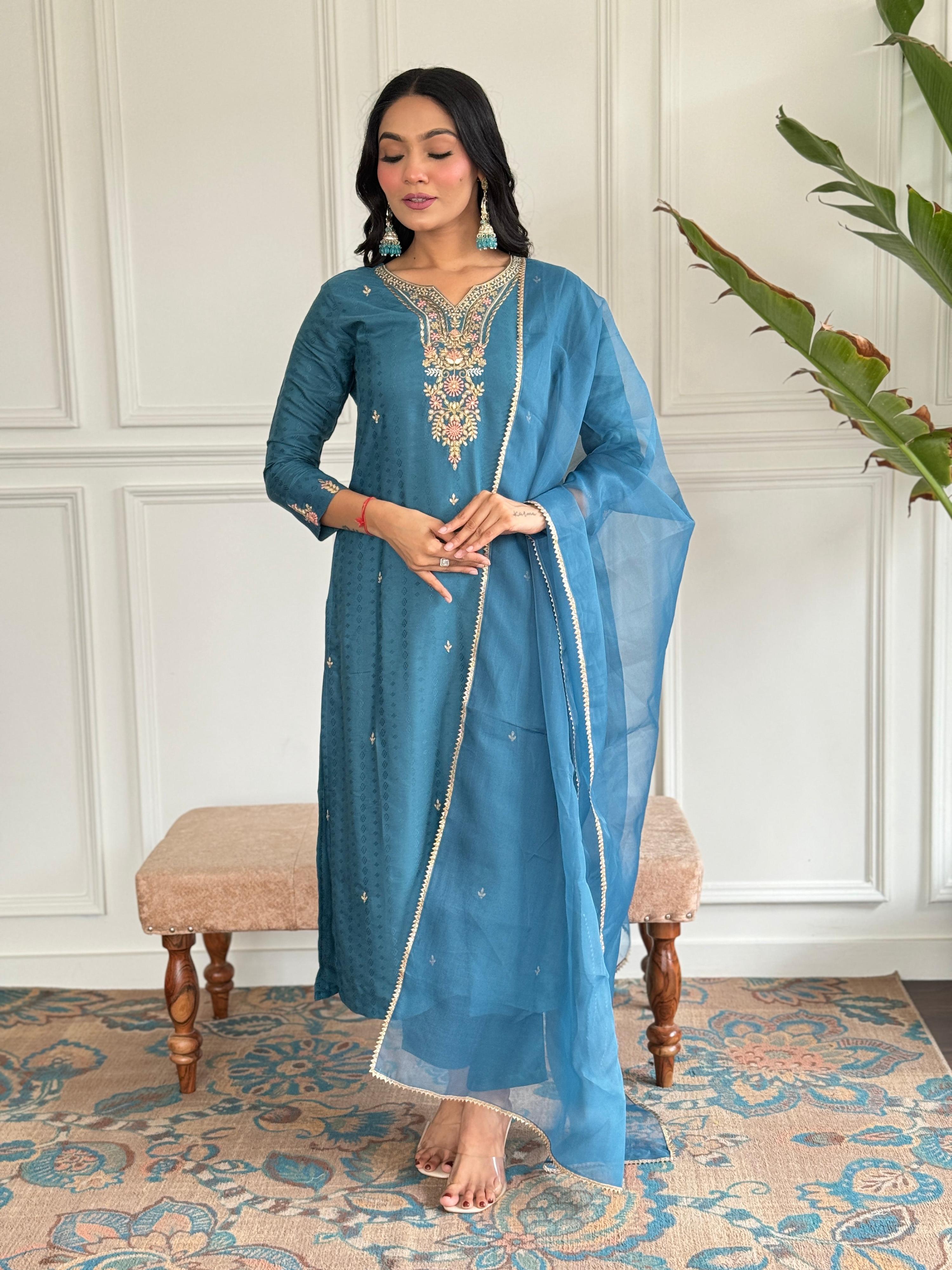 The52 Rama Embroidered Viscose Blend Fabric Straight Kurta, Pant and Dupatta Set