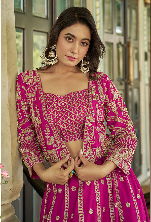 Monjolika Fashion Magenta Chinnon Heavy Embroidered Koti Style Lehenga Choli