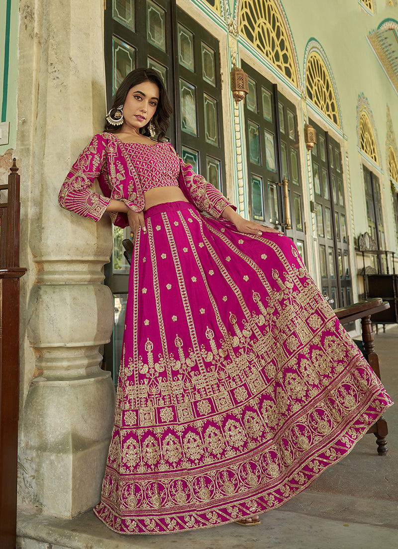 Monjolika Fashion Magenta Chinnon Heavy Embroidered Koti Style Lehenga Choli