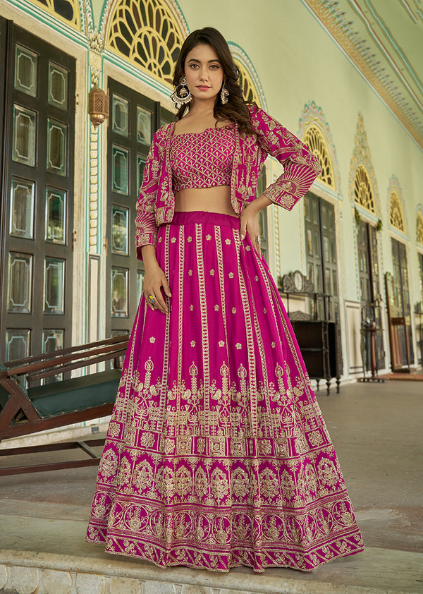 Monjolika Fashion Magenta Chinnon Heavy Embroidered Koti Style Lehenga Choli