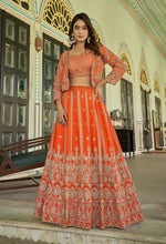Thumbnail for Monjolika Fashion Orange Chinnon Heavy Embroidered Koti Style Lehenga Choli