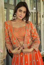 Thumbnail for Monjolika Fashion Orange Chinnon Heavy Embroidered Koti Style Lehenga Choli