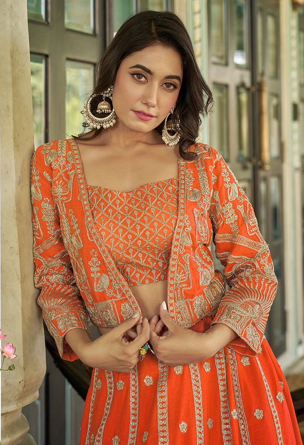 Monjolika Fashion Orange Chinnon Heavy Embroidered Koti Style Lehenga Choli