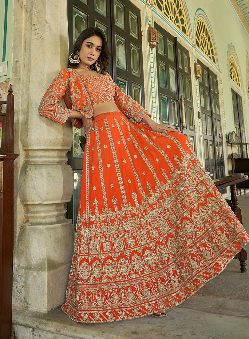 Monjolika Fashion Orange Chinnon Heavy Embroidered Koti Style Lehenga Choli