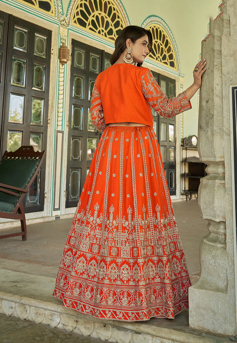 Monjolika Fashion Orange Chinnon Heavy Embroidered Koti Style Lehenga Choli