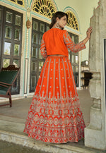 Thumbnail for Monjolika Fashion Orange Chinnon Heavy Embroidered Koti Style Lehenga Choli