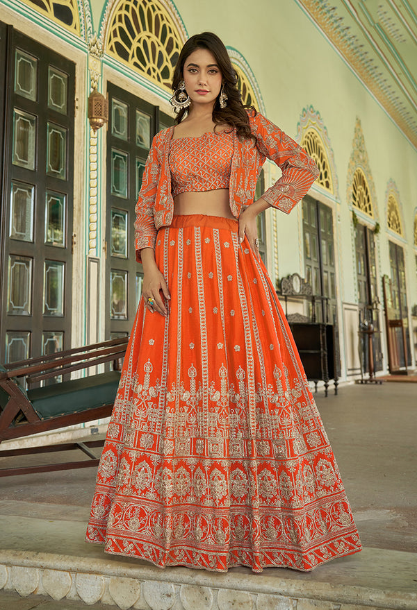 Monjolika Fashion Orange Chinnon Heavy Embroidered Koti Style Lehenga Choli