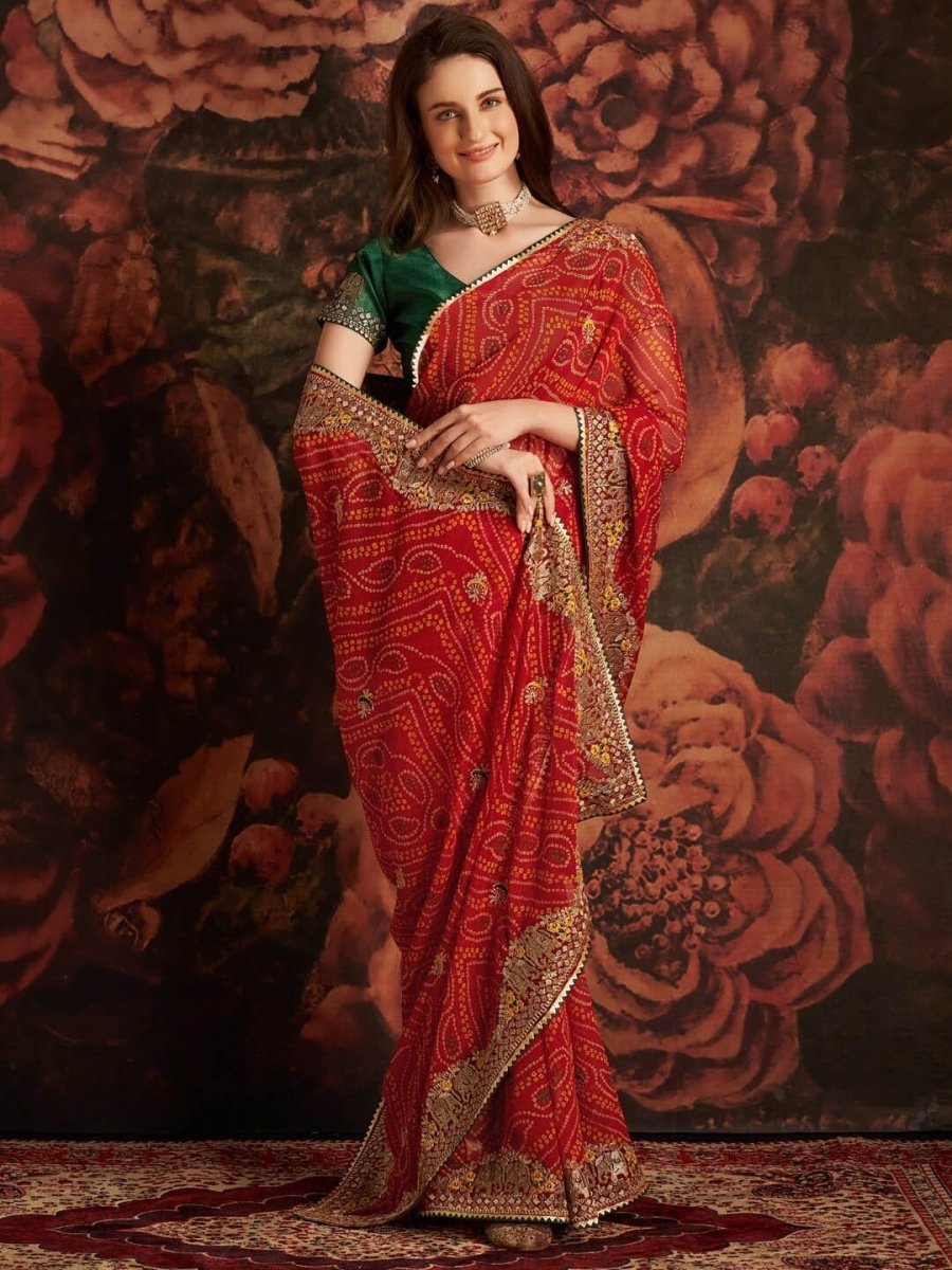 Anouk Red & White Printed & Embellished Georgette Bandhani Saree - Distacart