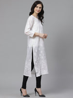 Thumbnail for ADA Women White & Black Chikankari Embroidered Semi-Sheer Sustainable Handloom Kurta with Churidar - Distacart