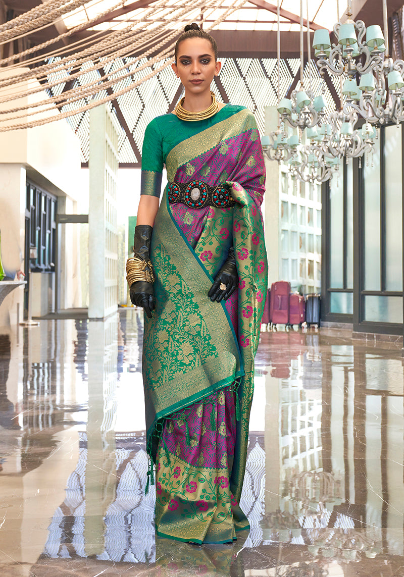 Monjolika Fashion Weaving Handloom Silk Blend Trendy Saree In Green And Magenta