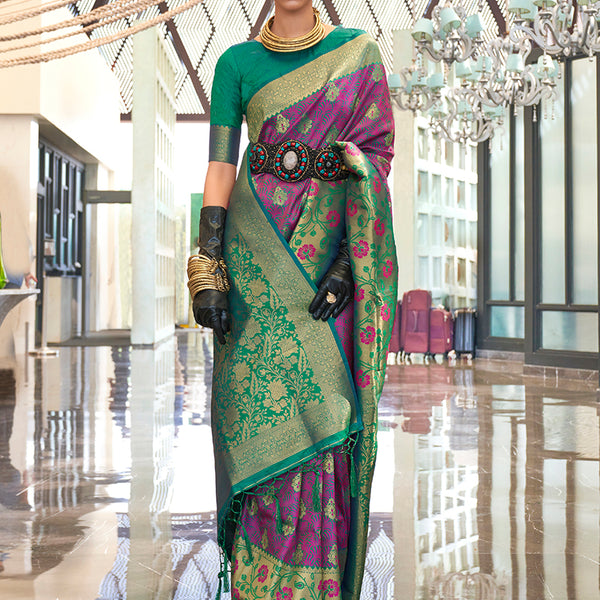 Monjolika Fashion Weaving Handloom Silk Blend Trendy Saree In Green And Magenta - Distacart
