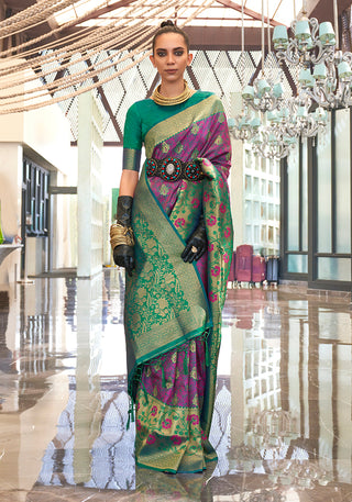 Monjolika Fashion Weaving Handloom Silk Blend Trendy Saree In Green And Magenta