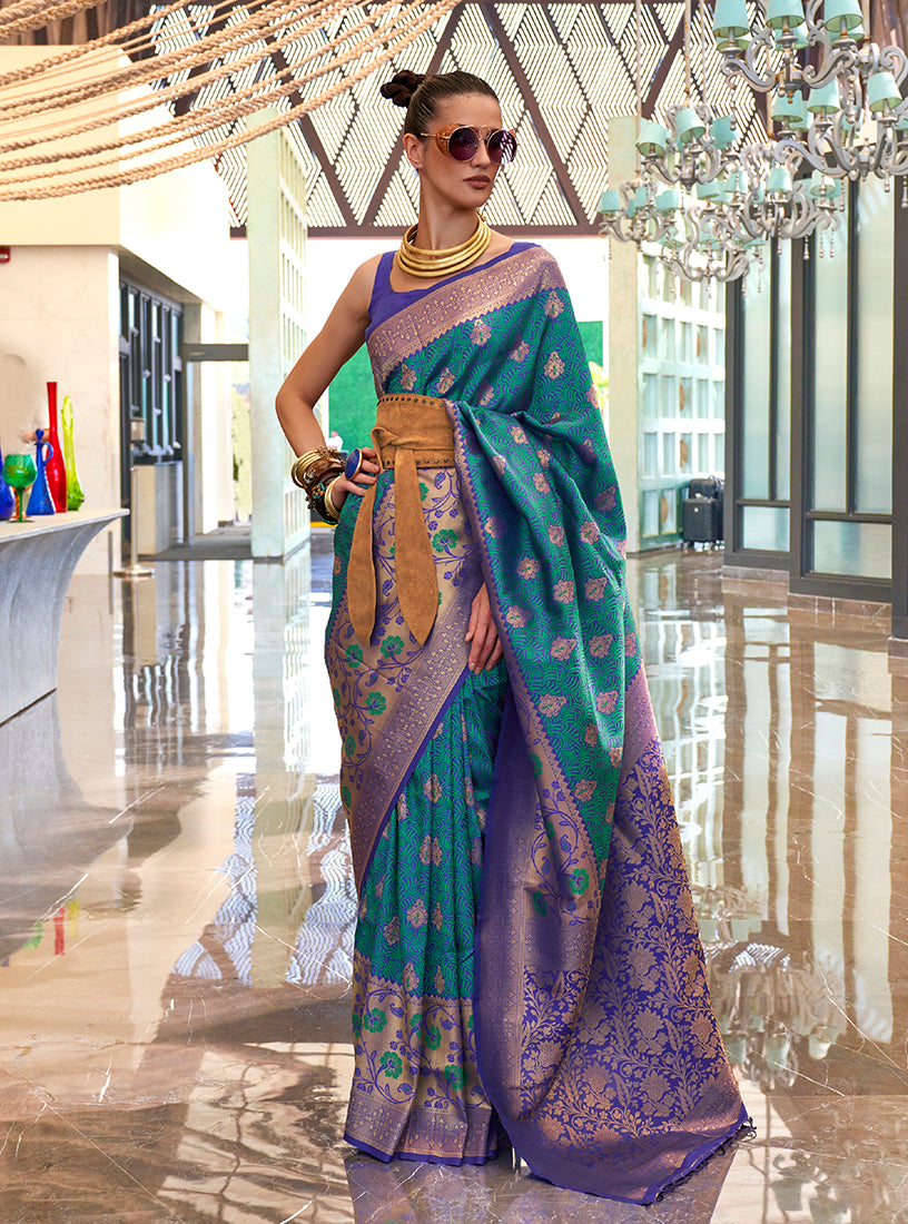 Monjolika Fashion Weaving Handloom Silk Blend Trendy Saree In Teal And Violet