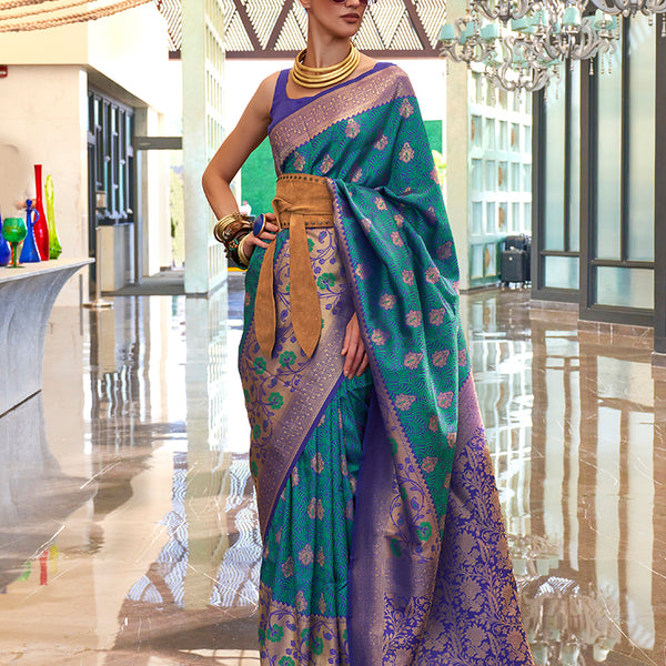 Monjolika Fashion Weaving Handloom Silk Blend Trendy Saree In Teal And Violet - Distacart