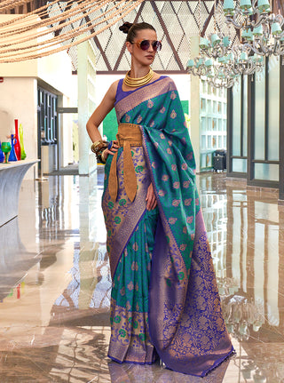 Monjolika Fashion Weaving Handloom Silk Blend Trendy Saree In Teal And Violet