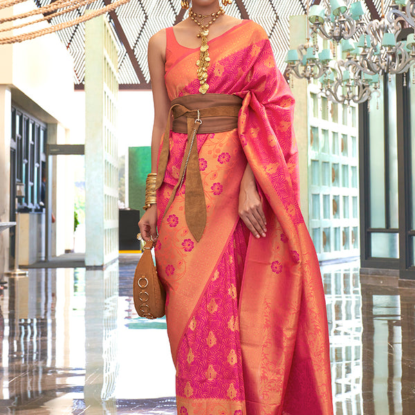 Monjolika Fashion Weaving Handloom Silk Blend Trendy Saree In Peach And Pink - Distacart