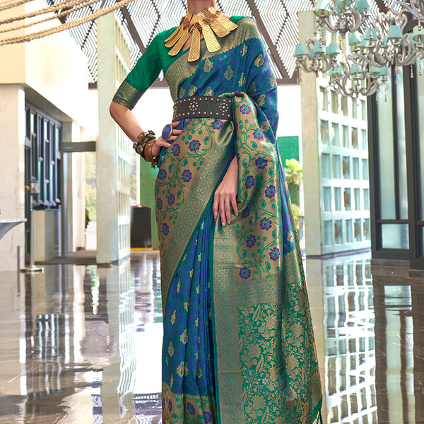 Monjolika Fashion Weaving Handloom Silk Blend Trendy Saree In Blue And Green - Distacart