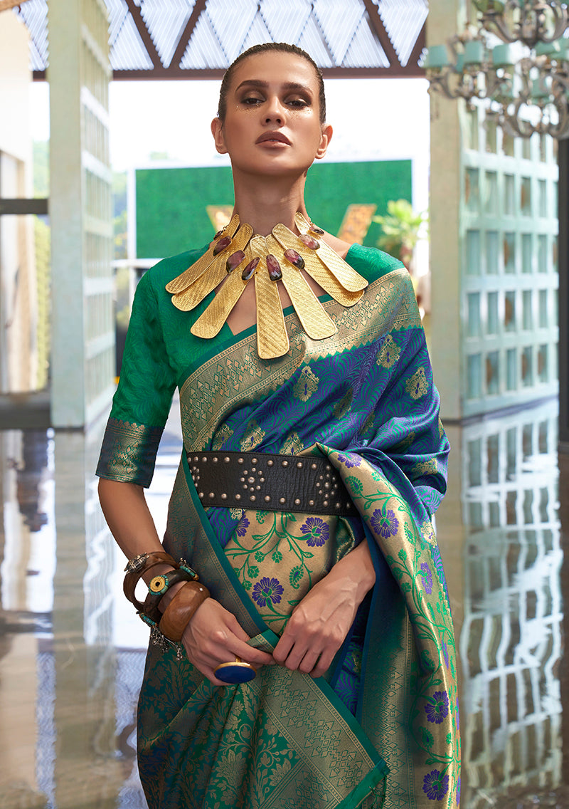 Monjolika Fashion Weaving Handloom Silk Blend Trendy Saree In Blue And Green