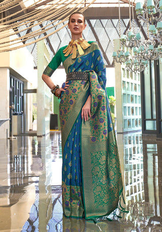 Monjolika Fashion Weaving Handloom Silk Blend Trendy Saree In Blue And Green