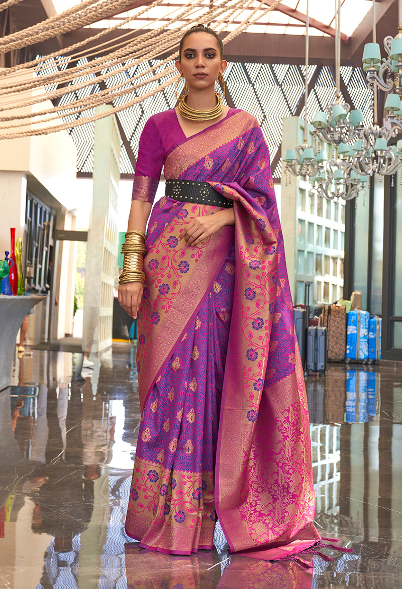 Monjolika Fashion Weaving Handloom Silk Blend Trendy Saree In Magenta And Violet