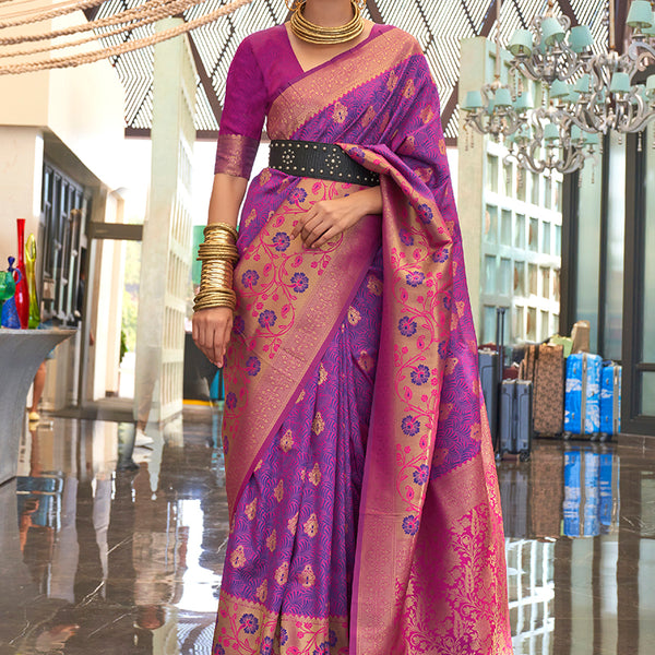 Monjolika Fashion Weaving Handloom Silk Blend Trendy Saree In Magenta And Violet - Distacart