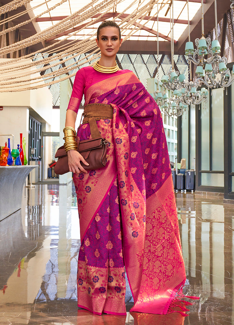 Monjolika Fashion Weaving Handloom Silk Blend Trendy Saree In Purple And Rani Pink