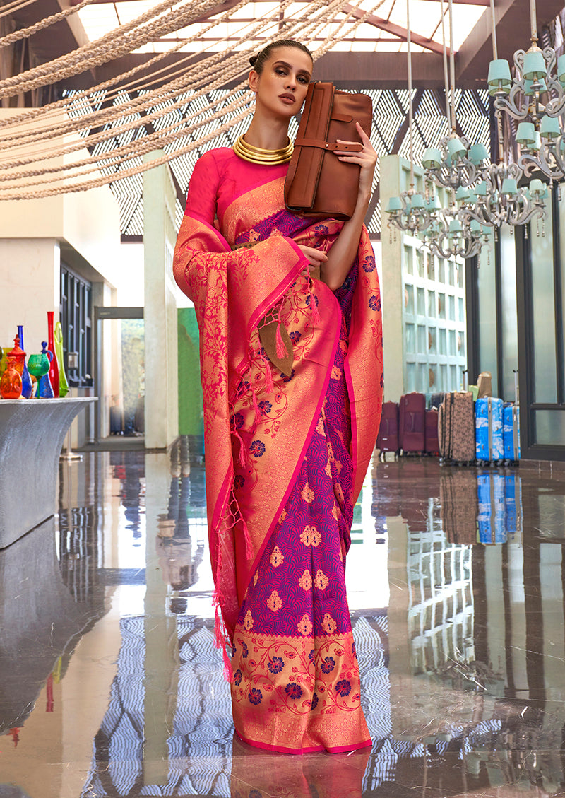 Monjolika Fashion Weaving Handloom Silk Blend Trendy Saree In Purple And Rani Pink