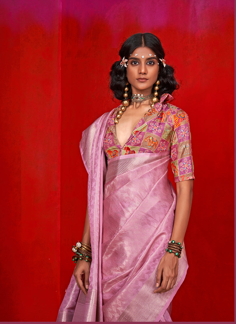 Monjolika Fashion Viscose Pink Zari Weaving Border Traditional Saree