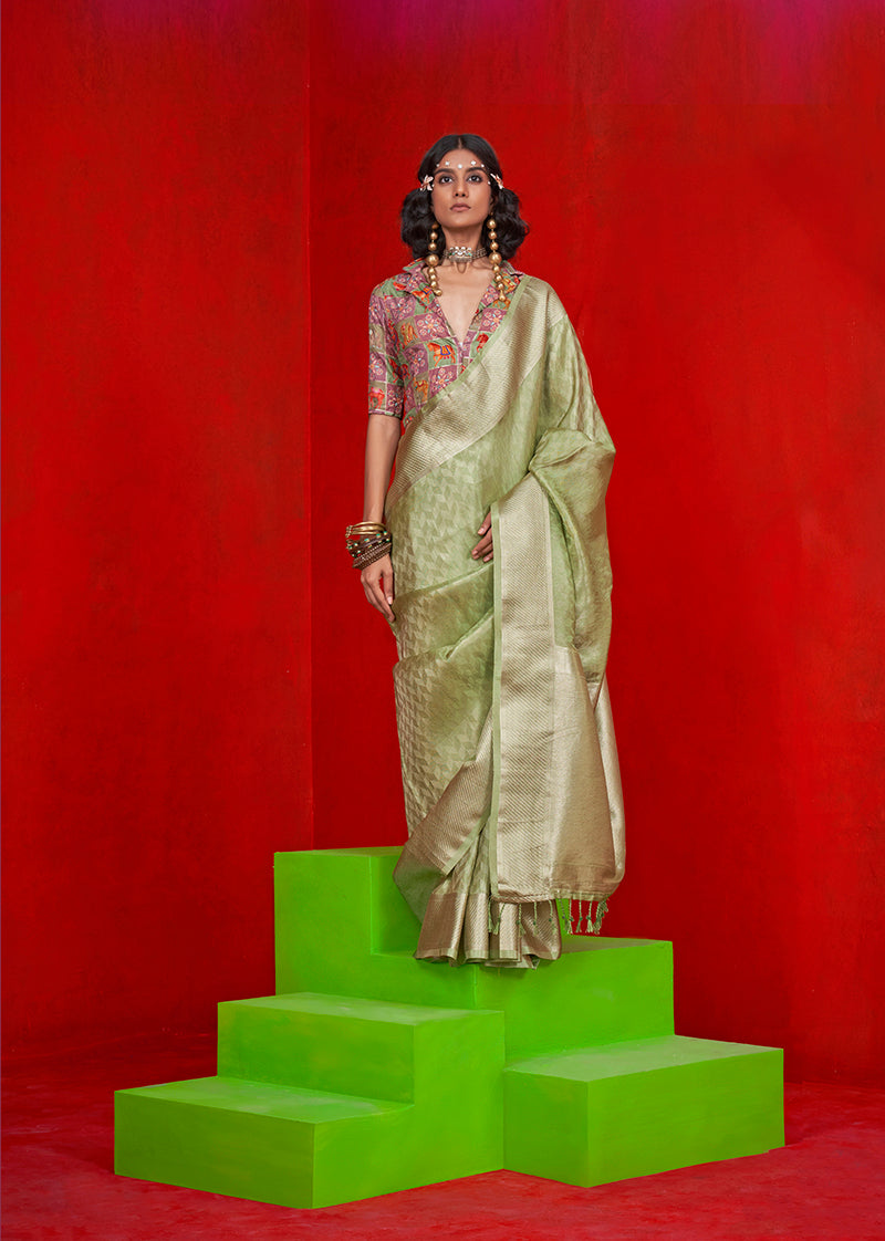 Monjolika Fashion Viscose Light Green Zari Weaving Border Traditional Saree