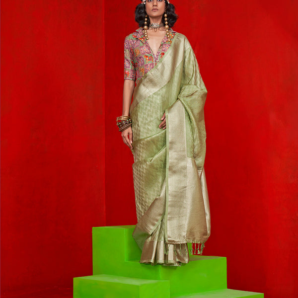 Monjolika Fashion Viscose Light Green Zari Weaving Border Traditional Saree - Distacart