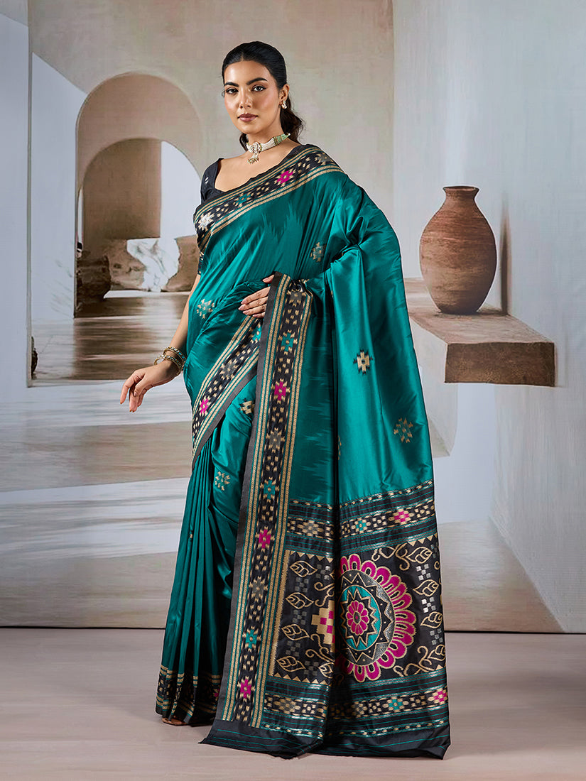 Monjolika Fashion Teal Weaving Handloom Silk Blend Designer Saree - Distacart