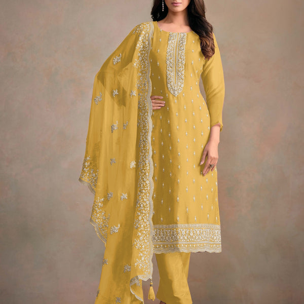 Anaita Yellow Heavy Organza With Embroidery Straight Salwar Suit - Distacart