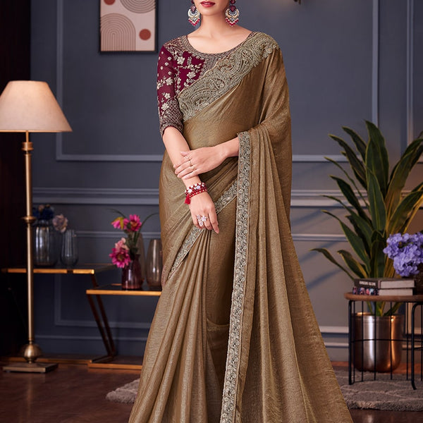 Monjolika Fashion Brown Embroidered Double Tone Silk Blend Designer Saree