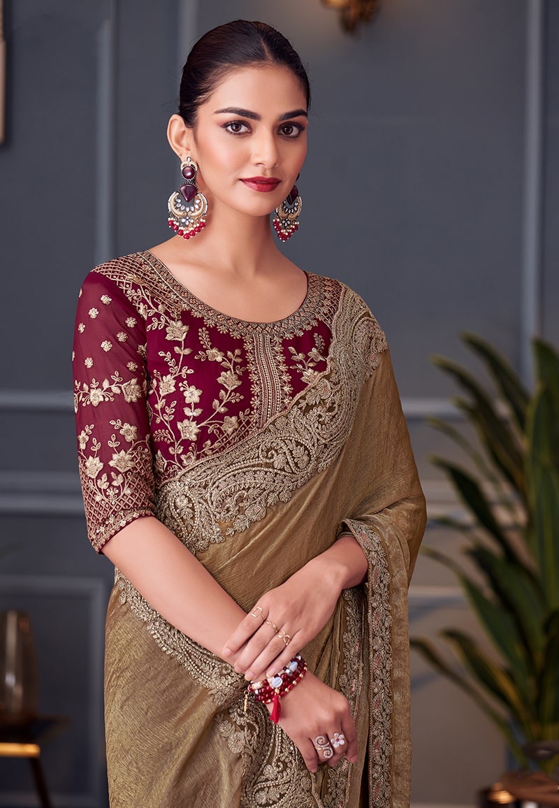 Monjolika Fashion Brown Embroidered Double Tone Silk Blend Designer Saree