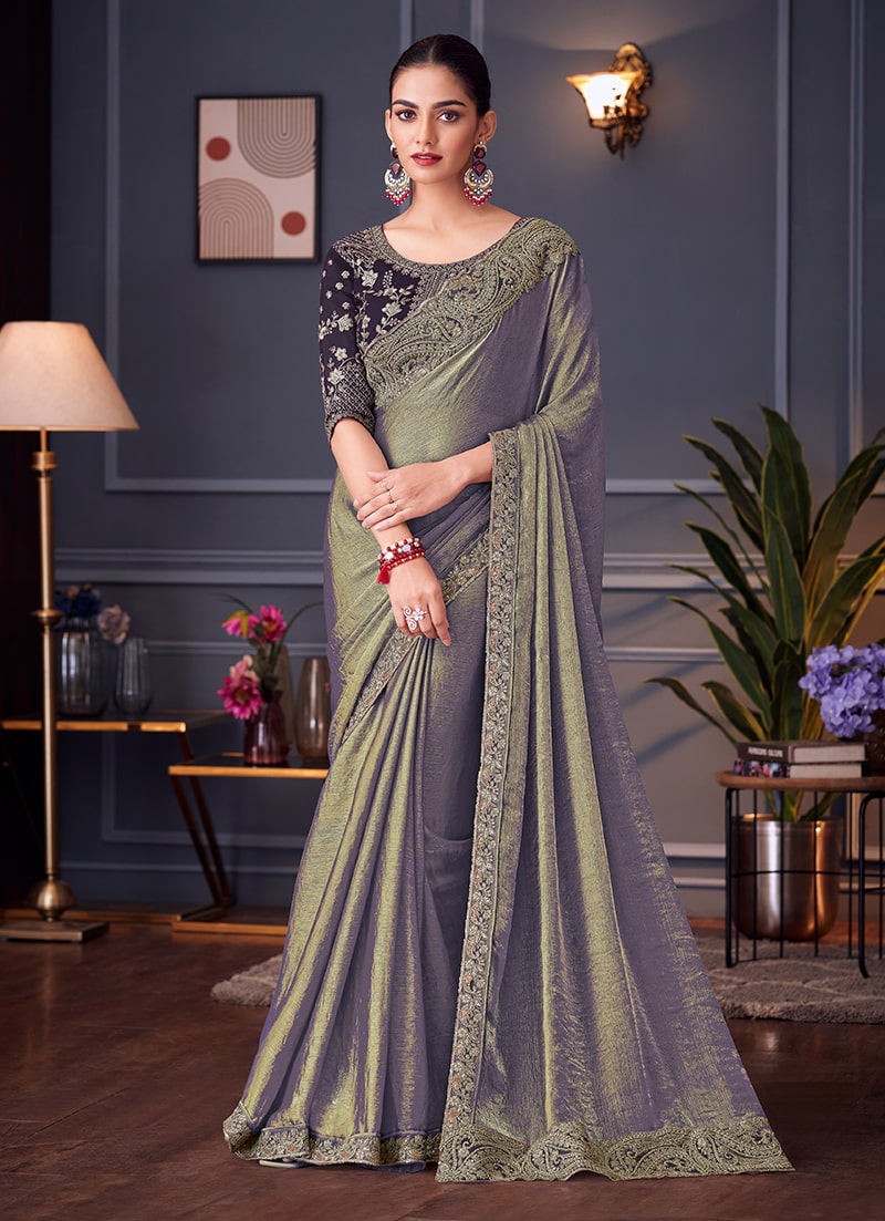 Monjolika Fashion Steel Grey Embroidered Double Tone Silk Blend Designer Saree