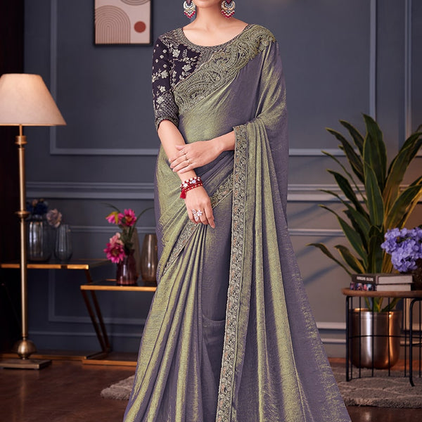 Monjolika Fashion Steel Grey Embroidered Double Tone Silk Blend Designer Saree