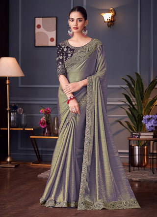 Monjolika Fashion Steel Grey Embroidered Double Tone Silk Blend Designer Saree