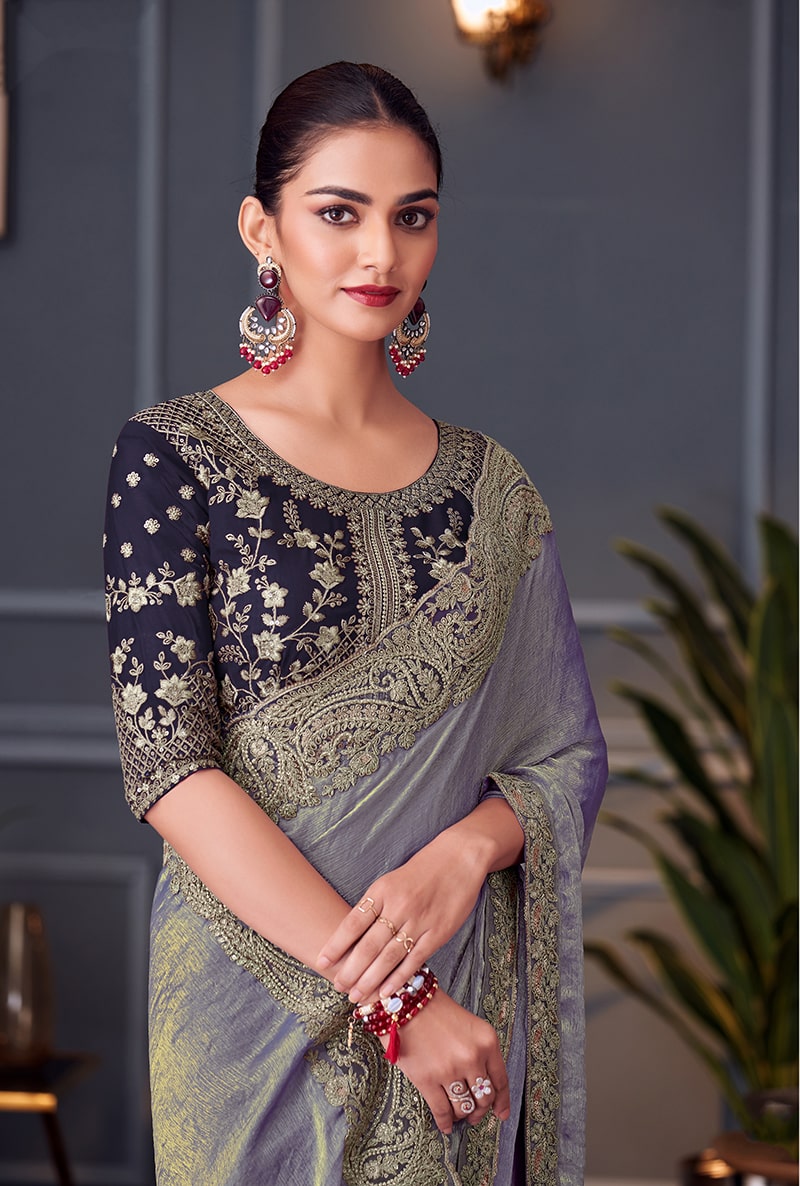 Monjolika Fashion Steel Grey Embroidered Double Tone Silk Blend Designer Saree