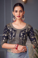 Thumbnail for Monjolika Fashion Steel Grey Embroidered Double Tone Silk Blend Designer Saree