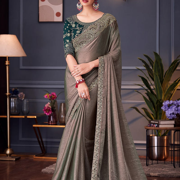 Monjolika Fashion Grey Embroidered Double Tone Silk Blend Designer Saree