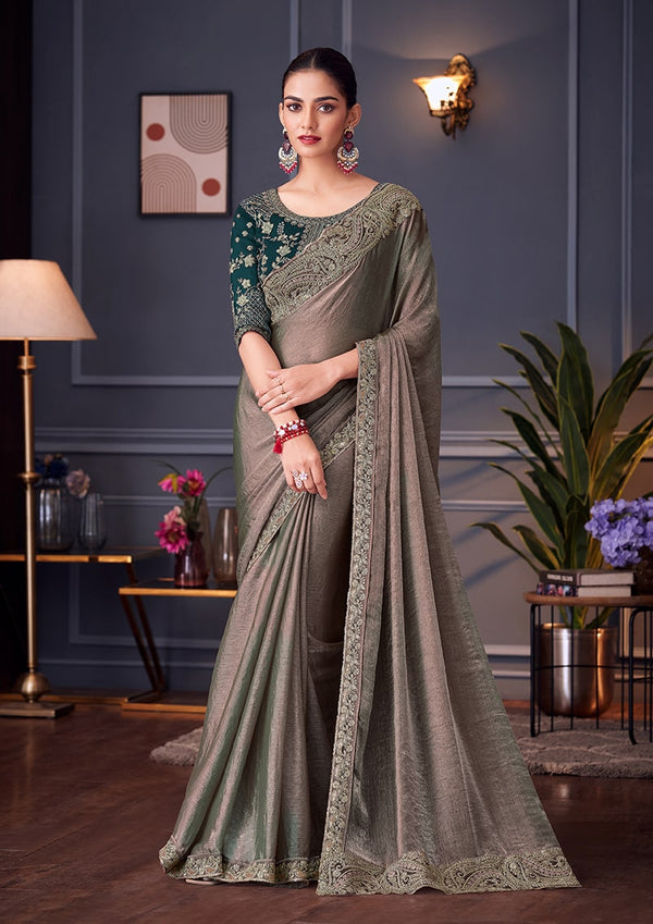 Monjolika Fashion Grey Embroidered Double Tone Silk Blend Designer Saree