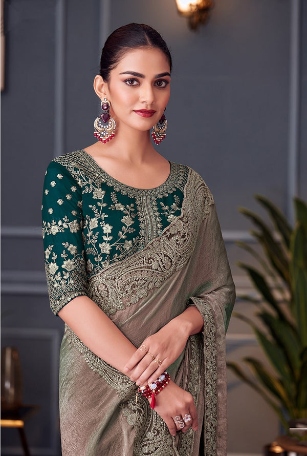 Monjolika Fashion Grey Embroidered Double Tone Silk Blend Designer Saree