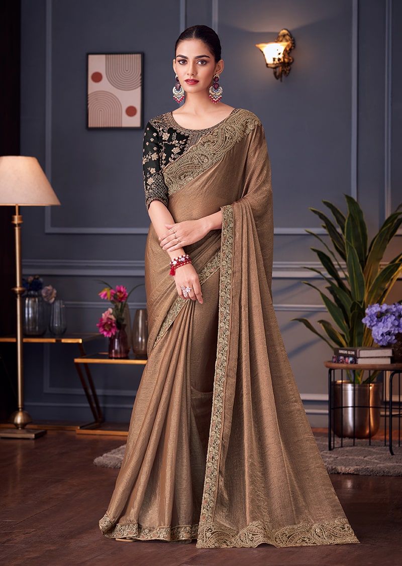 Monjolika Fashion Light Brown Embroidered Double Tone Silk Blend Designer Saree