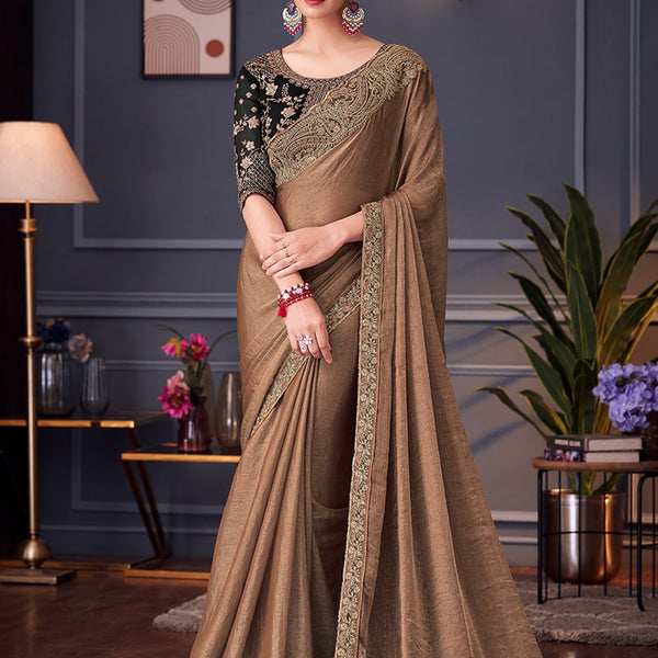 Monjolika Fashion Light Brown Embroidered Double Tone Silk Blend Designer Saree