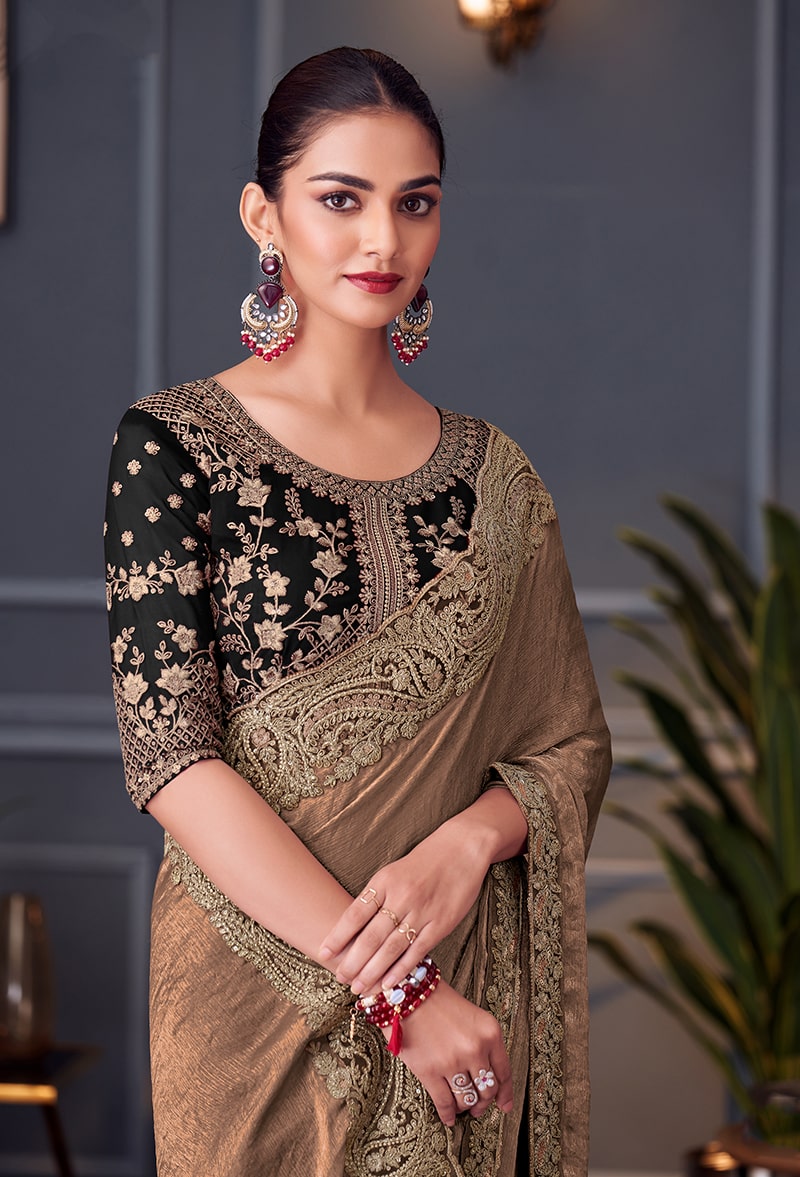 Monjolika Fashion Light Brown Embroidered Double Tone Silk Blend Designer Saree