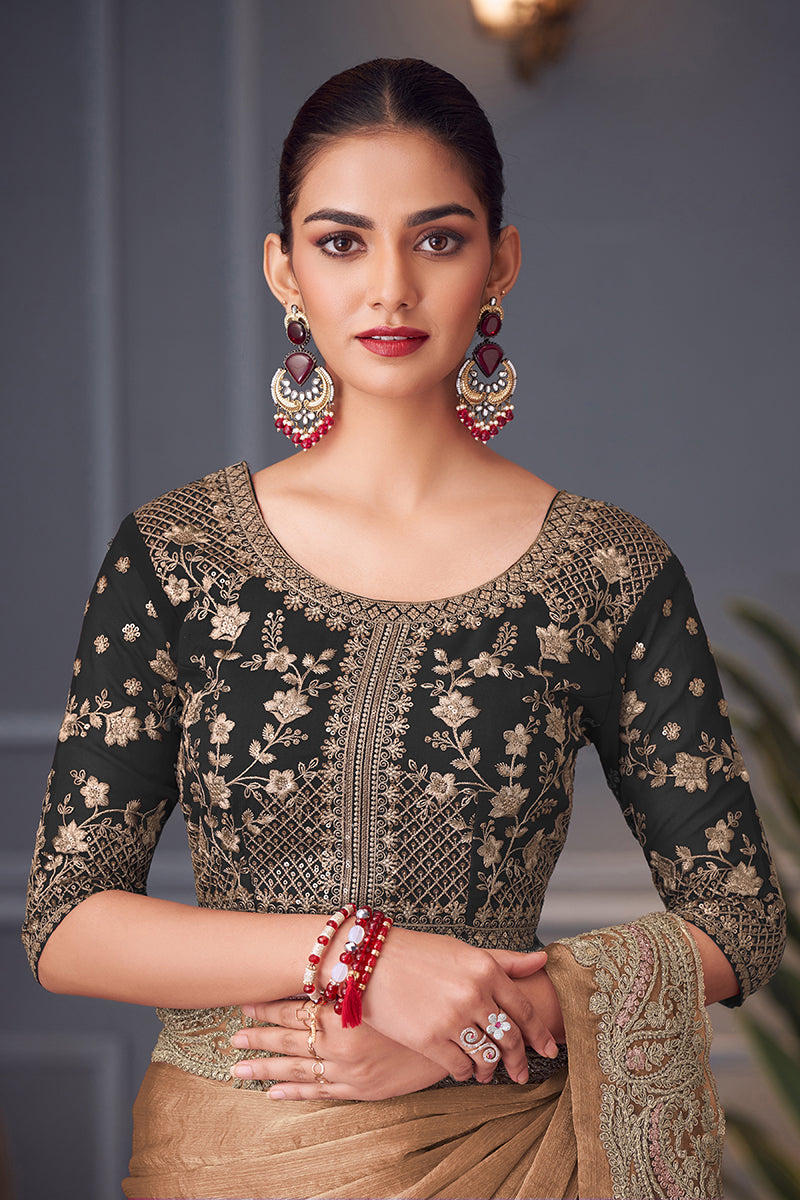 Monjolika Fashion Light Brown Embroidered Double Tone Silk Blend Designer Saree