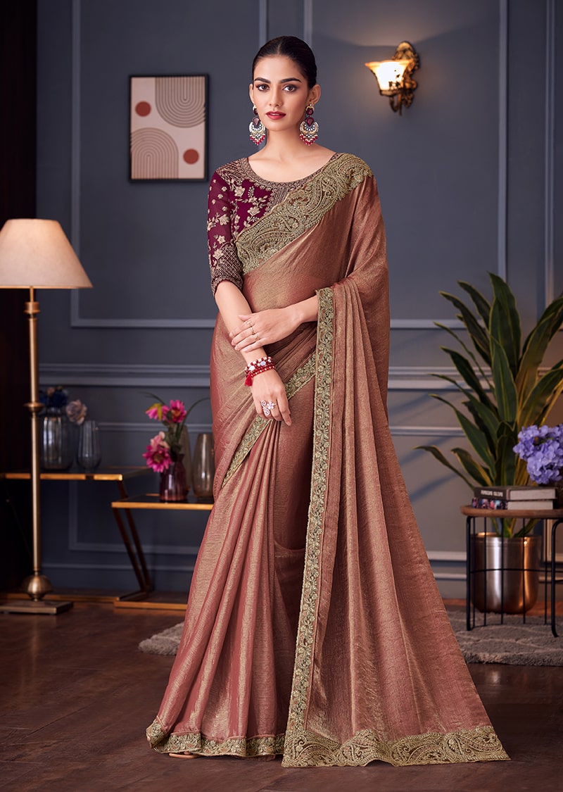 Monjolika Fashion Dark Peach Embroidered Double Tone Silk Blend Designer Saree