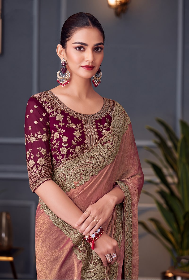 Monjolika Fashion Dark Peach Embroidered Double Tone Silk Blend Designer Saree