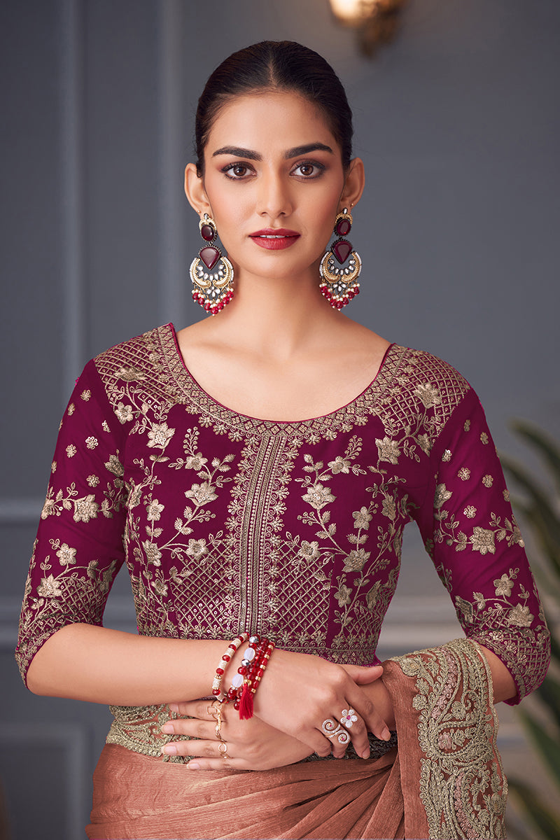 Monjolika Fashion Dark Peach Embroidered Double Tone Silk Blend Designer Saree