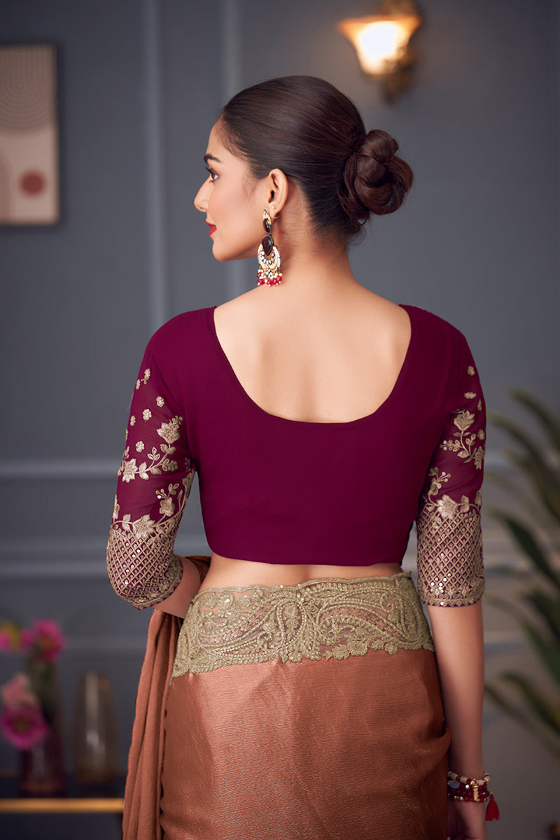 Monjolika Fashion Dark Peach Embroidered Double Tone Silk Blend Designer Saree